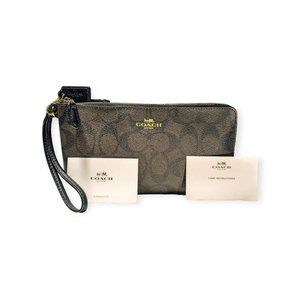 LG Brown Black Signature Wristlet Wallet Double Zip Coated Canvas F54057 2016